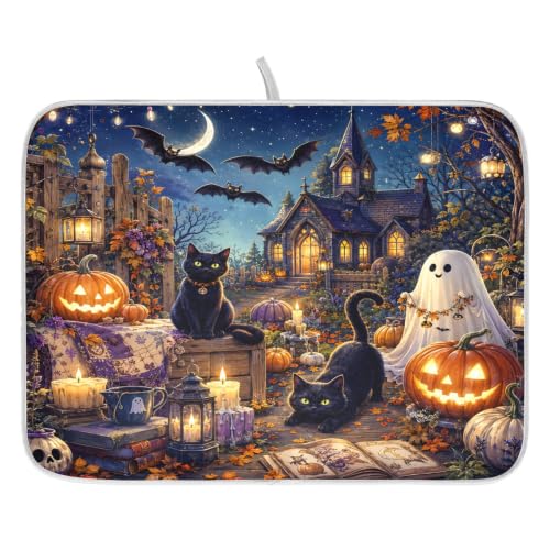 Halloween Night Scene Dish Drying Mat for Kitchen Counter Absorbent Microfiber Large Drying Pad Cats Ghost Dish Mats for Kitchen Countertops 18 x 24 Inch