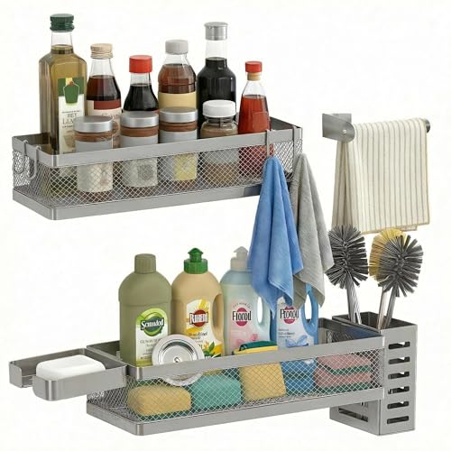 5-in-1 Wide Wall Mount Wrapped Mesh Kitchen Organizer & Shower Caddy Kit, with Paper Towel Holder, Utensil Holder, Soap Dish, Heavy Duty 50LBS - Silver Gray, Netting