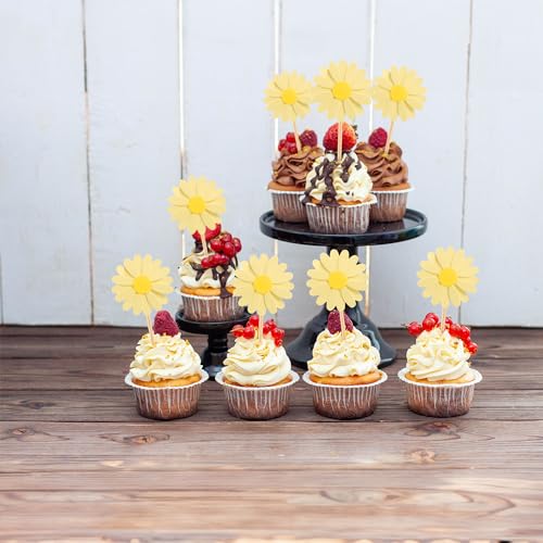 24Pcs Daisy Cupcake Toppers Daisy Flower Party Picks Spring Daisy Toothpicks Chrysanthemum Food Picks Girls Baby Shower Birthday Wedding Party Decorations Yellow (24 Count)
