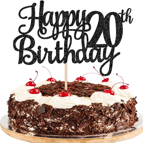 1 PCS Happy 20th Birthday Cake Topper Glitter Cheers to 20 Years Birthday Cake Pick Twenty 20 Fabulous Cake Decoration for Happy 20th Birthday Theme Party Decorations Supplies Black