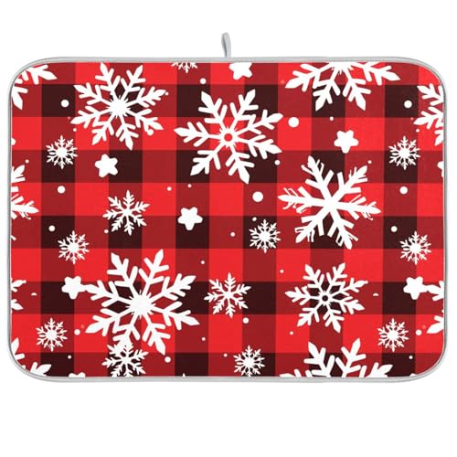 Snowflakes Christmas Tartan Plaid Dish Drying Mat for Kitchen Counter Absorbent Microfiber Drying Pad
