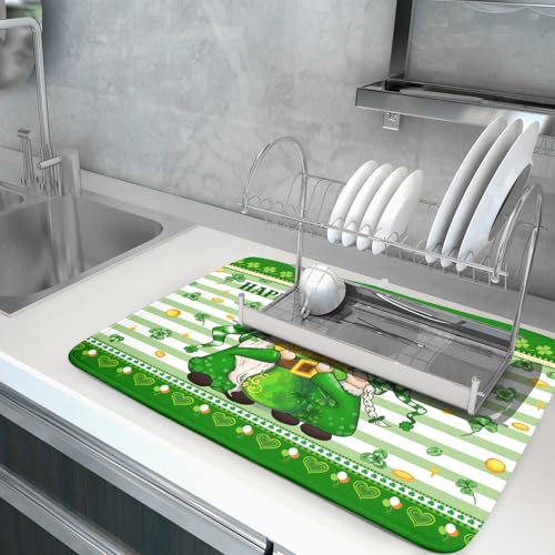 Shamrock Gnome Dish Drying Mat Coin Clover Dishes Fast Dry Mat 18x24 inch Absorbent Microfiber Dishware Drainer Pad for Kitchen Counter Sink