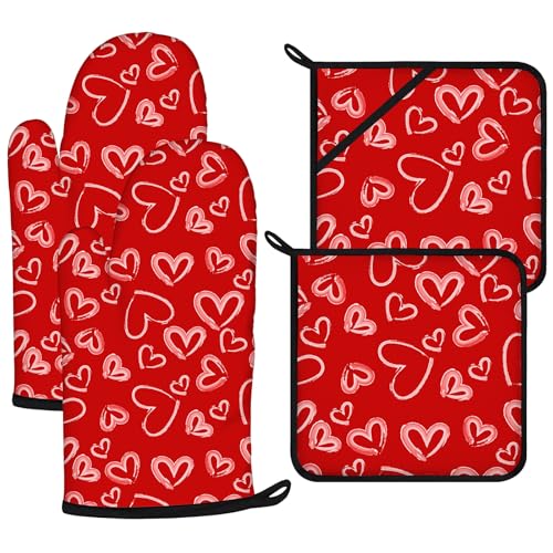 White Love Hearts Oven Mitts and Valentine's Day Pot Holders Sets 4Pcs