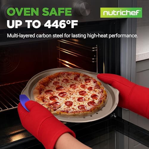 13-Inch Non-Stick Pizza Tray - with Silicone Handle, Round Steel Non-stick Pan with Perforated Holes, Premium Bakeware, Pizza Tray with Extended Handles, Dishwasher Safe - Champagne Gold