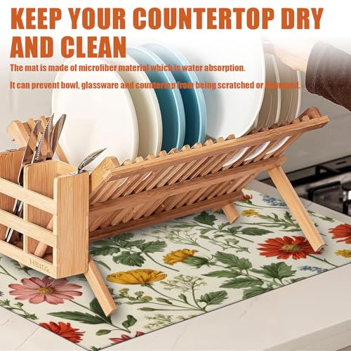 Spring Wild Flower Dish Drying Mat for Kitchen Counter Microfiber Absorbent Dish Kitchen Drying Mat Draining Reusable Washable for Dishes