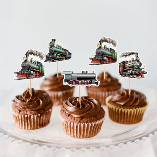 24Pcs Train Transportation Cupcake Toppers Vintage Locomotiv Cupcake Picks for Retro Train Boys Girls Birthday Party Baby Shower Cupcake Decorations Train Transportation Party Decors