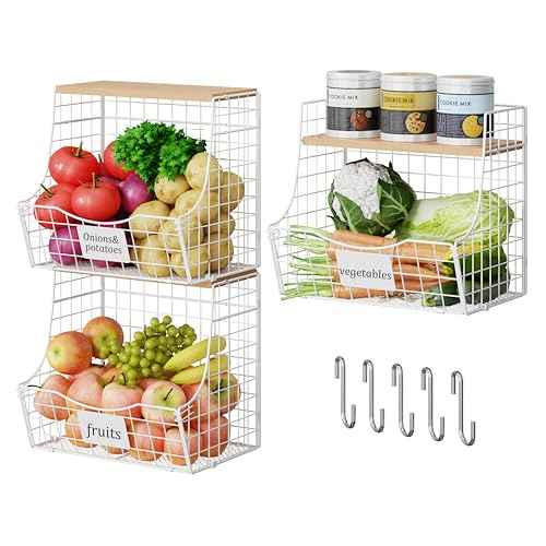 3 Pack Hanging Fruit Basket for Kitchen with Wood Lid (3 Count)