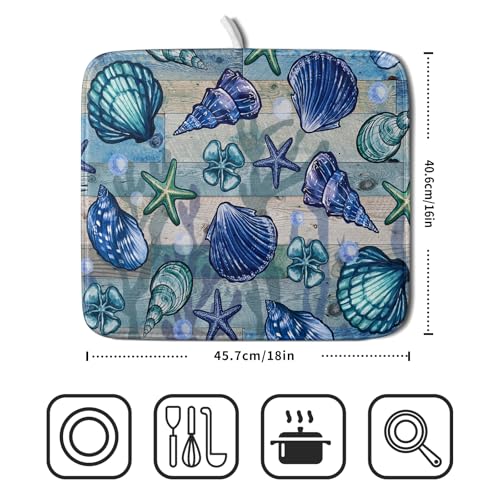 Starfish Seashell Dish Drying Mat 16x18 inch Coastal Beach Dish Drainer Rack Pad Absorbent Microfiber Fast Dry Kitchen Counter Accessories