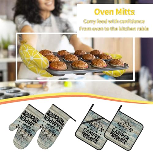 Happy Camper Oven Mitts and Pot Holders Sets of 4