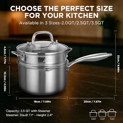 Tri Ply Stainless Steel Sauce Pan with Steamer Basket & Straining Glass Lid