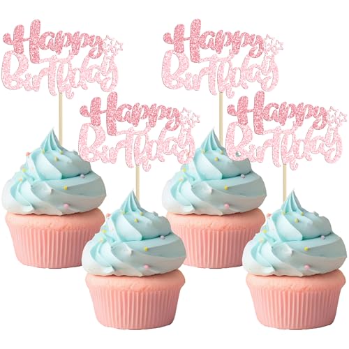 24Pcs Pink Light Pink Happy Birthday Cupcake Toppers for Baby Shower (24 Count)