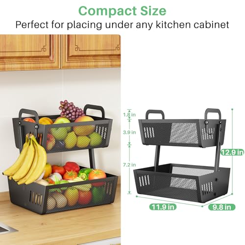 2 Tier Fruit Basket for Kitchen Counter with 2 Banana Hangers