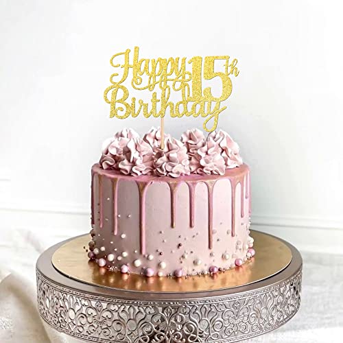 1 PCS Happy 15th Birthday Cake Topper Gold Glitter Cheers to 15 Years Birthday Cake Pick Mis Quince 15 Fabulous Cake Decoration for Happy 15th Birthday Theme Party Decorations Supplies
