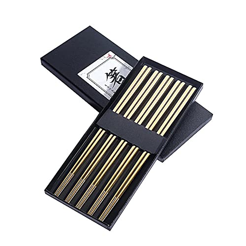 Metal Chopsticks Reusable Titanium Plated Stainless Steel Japanese Korean for Food & Cooking 9.5Inch Non (5 Count)