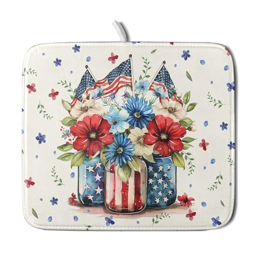American Patriotic Floral Dish Drying Mat Flower Vase Drainer Rack Mats 16"x18" Absorbent Microfiber Dish Dry Pad for Kitchen Counter Sink