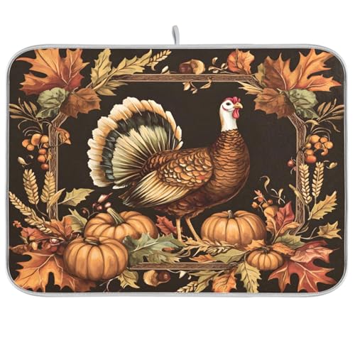 Thanksgiving Turkey Pumpkin Dish Drying Mat for Kitchen Counter Absorbent Microfiber Drying Pad