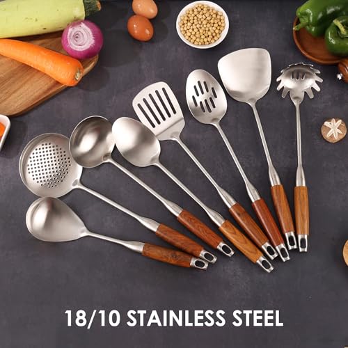 18 10 Stainless Steel Kitchen Utensils Set with Wood Handle (8 Count)