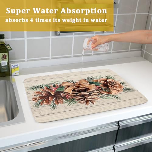 Winter Pine Cone Dish Drying Mat Holly Berries Dish Draining Mat Microfiber Washable Dish Drainer Rack Mat for Home Kitchen Counter 18"x24"
