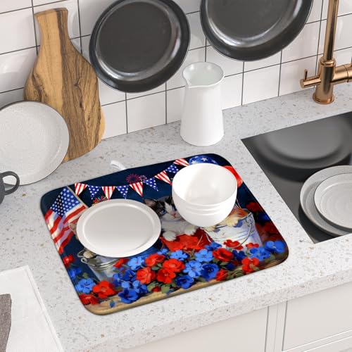 4th of July Dish Drying Mat Patriotic Cats Dish Drying Rack Mat for Kitchen Counter Small