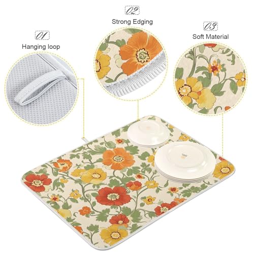 Retro Yellow Orange Flowers Dish Drying Mat for Kitchen Counter Absorbent Microfiber Drying Pad