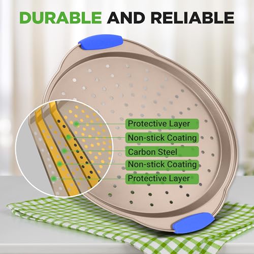 13-Inch Non-Stick Pizza Tray - with Silicone Handle, Round Steel Non-stick Pan with Perforated Holes, Premium Bakeware, Pizza Tray with Extended Handles, Dishwasher Safe - Champagne Gold