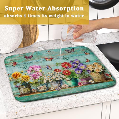Flower Dish Drying Mat for Kitchen Counter 16x18 Inch Rustic Vintage Microfiber Absorbent Dishes Drainer Mats