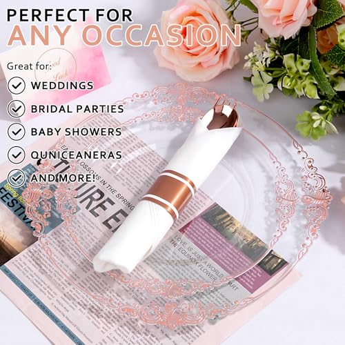 400PCS Pre Rolled Rose Gold Plastic Silverware Heavy Duty for Party (400 Count)