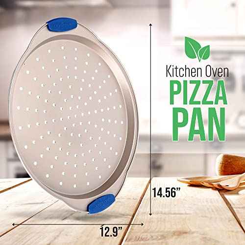 13-Inch Non-Stick Pizza Tray with Silicone Handle - Perforated Round Steel Pan, Dishwasher Safe - 2 Pack - Champagne Gold