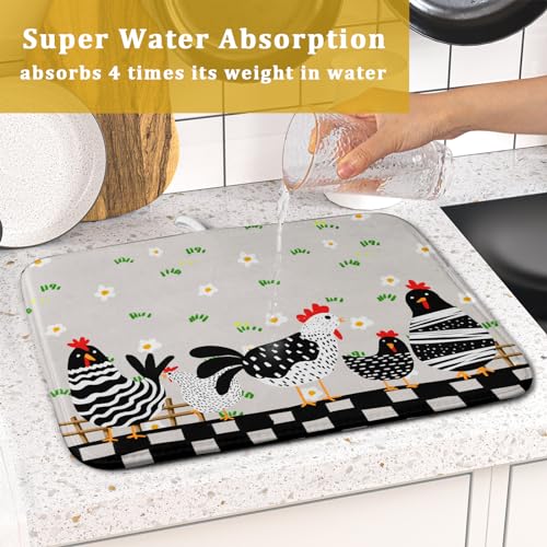 Black Rooster Dish Drying Mat for Countertop 16x18 Inches Buffalo Plaid Microfiber Drainer Rack Pads Fast Dry Dishes Mats Kitchen Accessories