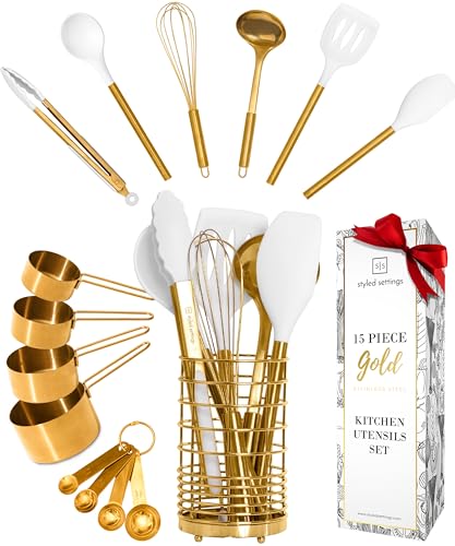 White and Gold Kitchen Utensils Set with Holder (15 Count)