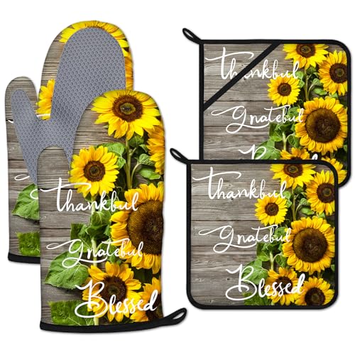 Sunflower Wood Grain Oven Mitts and Pot Holders Sets Heat Resistant 4Pcs Potholders Oven Gloves Hot Pads for Kitchen Baking Cooking Grilling BBQ (4 Count)