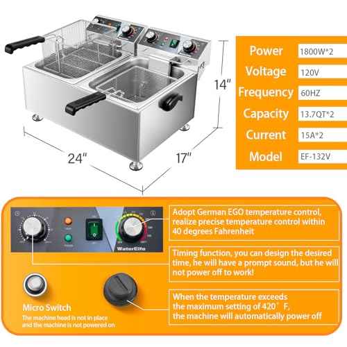 Deep Fryer Commercial Deep Fryers With Basket13Lx2 13.7Qt x 2 Thicken With Precise Temperature Control Timer Double Deep Fryer With 2 Baskets1800Wattsx2 120V Countertop Fryer Restaurant (2 Count)