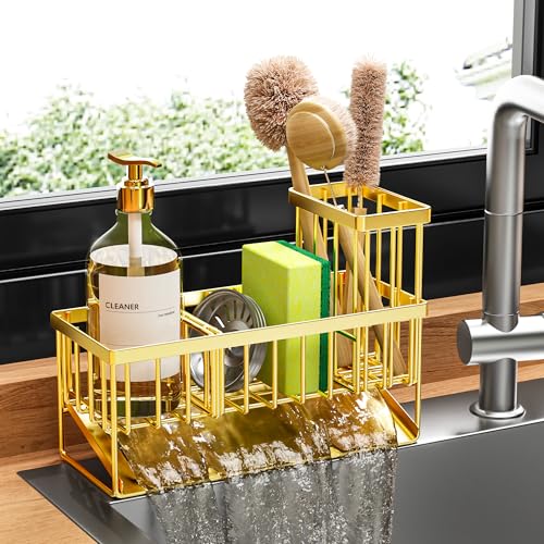 Gold Kitchen Sink Caddy Organzier with High Brush Holder