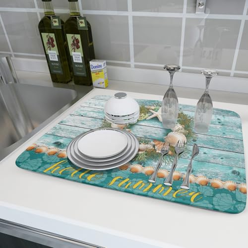 Coastal Wreath Dish Drying Mat 18x24 inch Starfish Shell Absorbent Microfiber Dish Rack Mats Drainer Pad Kitchen Countertop Accessories
