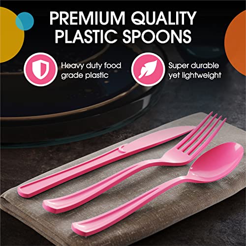Party Solids Disposable Hot Pink Plastic Spoons 200 Pcs (200 Count)