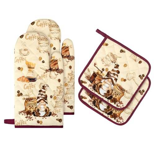 Coffee Gnome Oven Mitts and Pot Holders Set (4 Count)