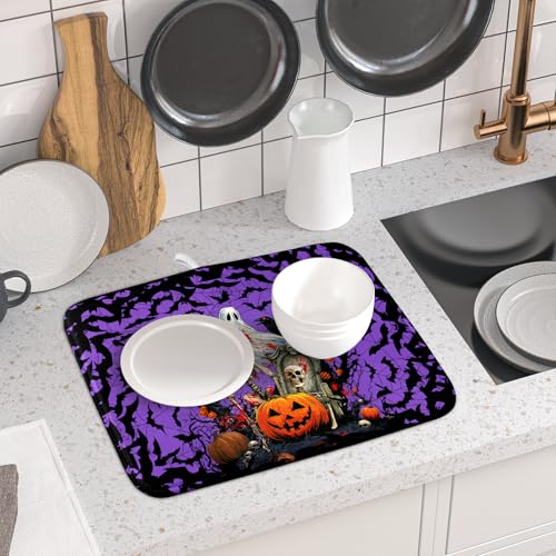 Halloween Pumpkin Dish Drying Mat 16x18 inch Spooky Ghost Bat Dish Rack Mats Microfiber Draining Pad Fast Dry Holiday Kitchen Accessories