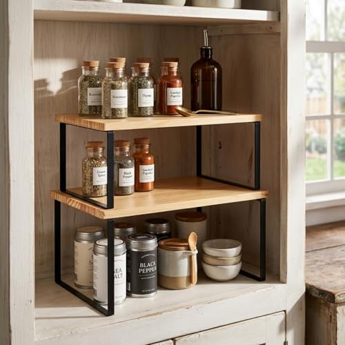 Large Cabinet Shelf Organizers Solid Wood Spice Rack Organizer for Cabinet Kitchen Countertop Storage (2 Set)