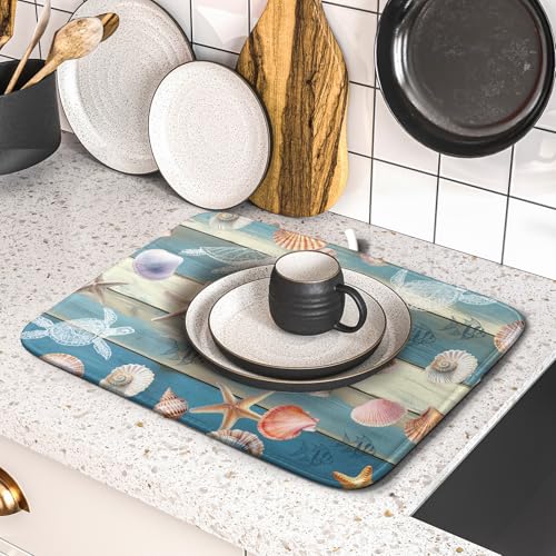 Coastal Starfish Dish Drying Mat Summer Sea Turtle Drainer Rack Mat Absorbent Microfiber Kitchen Countertop Protector Dishes Pad 16x18 inch