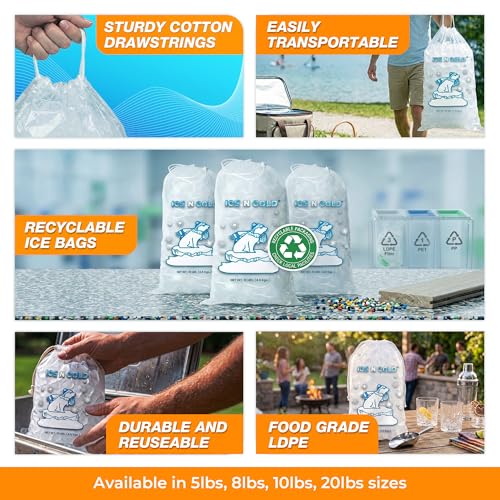 10lb (400 ct) Ice Bags with Cotton String 41 Micron Commercial & Food Grade LDPE, BPA-Free, Freezer Safe Plastic, 11" x 19" Bolsas Hielo, Bolsas Para Hielo, Ice Cube Machine Storage Bag (400 Count)