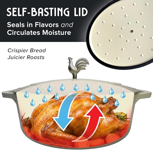 MUELLER HOME 5.5 Quart Enameled Cast Iron Oval Dutch Oven with Rooster Knob & Cotton Potholders