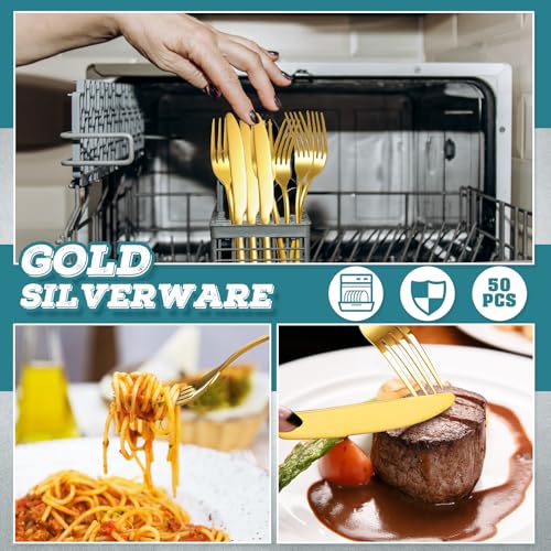 50 Pieces Stainless Steel Forks Silverware Set Dinner Forks and Knives Flatware Tableware Cutlery Set for Kitchen Restaurant (50 Count)