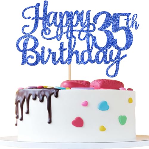 1 PCS Happy 35th Birthday Cake Topper Glitter Cheers to 35 Years Birthday Cake Pick Thirty Five 35 Fabulous Cake Decoration for Happy 35th Birthday Theme Party Decorations Supplies Blue