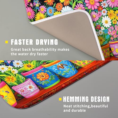 Colorful Floral Dish Drying Mat 16 X 18 Black Spring Flowers Absorbent Microfiber Kitchen Decor Counter Mats