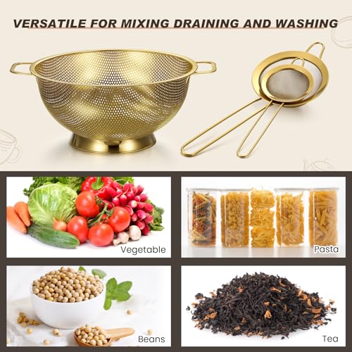 5 Pcs Gold Kitchen Appliances Includes 4 Quart Gold Colander and 2 Pcs Strainer Set (5 Count)