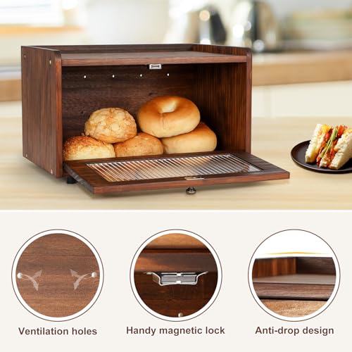 Bread Box for Kitchen Countertop Storage Wooden Breadbox Holder Container Morden Rustic Fresh Bread Keeper Farmhouse Stackable Organizer Bin for Homemade Food Shelf Acrylic Window