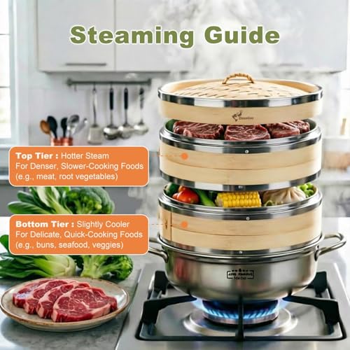 Bamboo Steamer Basket with Stainless Steel Rim 10 Inch Dumpling Steamer Kit