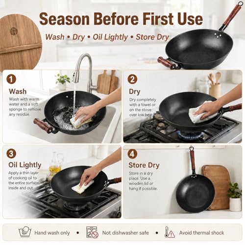 12.6 Inch Cast Iron Wok with Wooden Lid