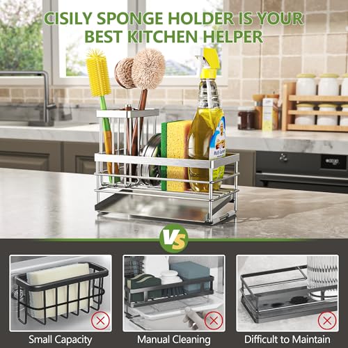 Sink Caddy Sponge Holder for Kitchen with Brush Holder and Stainless Steel Self Drain Tray