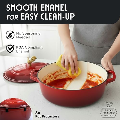 MUELLER HOME 5.5 Quart Enameled Cast Iron Oval Dutch Oven w Rooster Knob & Cotton Potholders